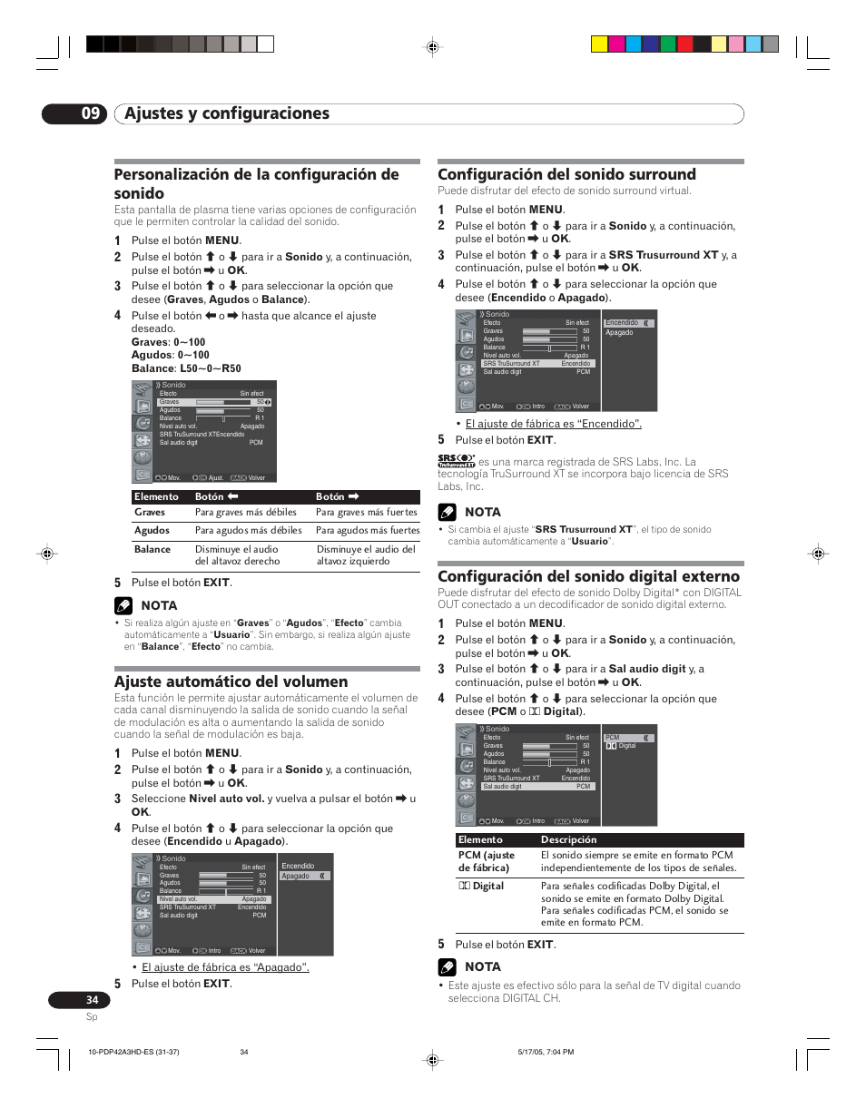 09 ajustes y configuraciones, Personalización de la configuración de sonido, Ajuste automático del volumen | Configuración del sonido surround, Configuración del sonido digital externo | Pioneer PureVision PDP 42A3HD User Manual | Page 122 / 134