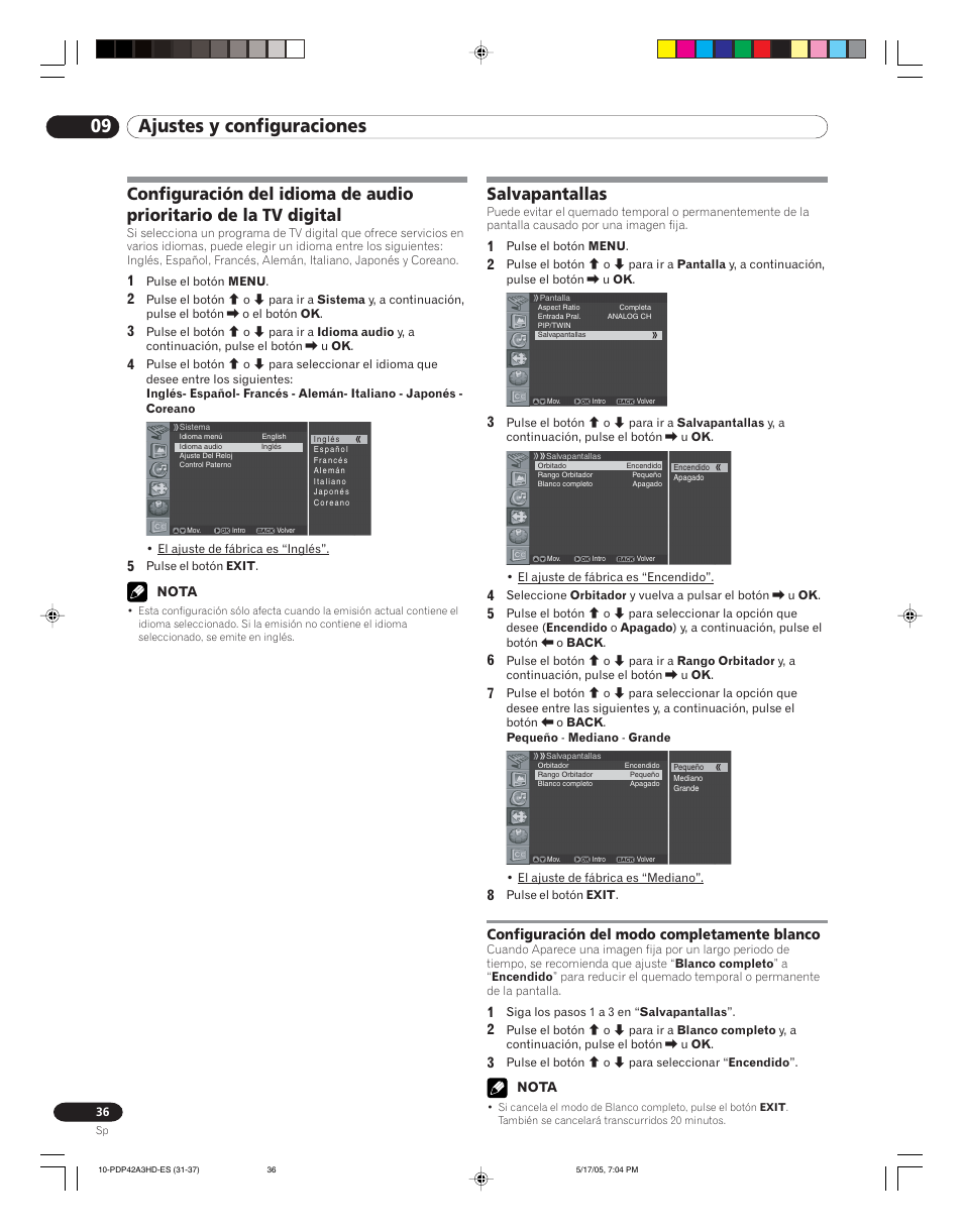 Configuración del idioma de audio prioritario, De la tv digital, Salvapantallas | Configuración del modo completamente blanco, 09 ajustes y configuraciones | Pioneer PureVision PDP 42A3HD User Manual | Page 124 / 134