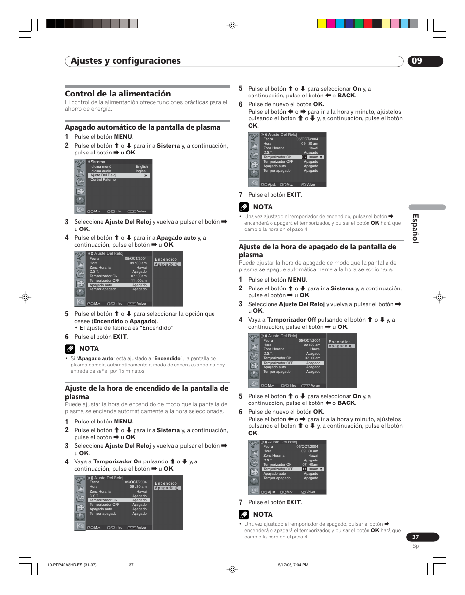 Control de la alimentación, Plasma, Ajuste de la hora de apagado de la pantalla de | 09 ajustes y configuraciones, Español, Apagado automático de la pantalla de plasma 1, Nota | Pioneer PureVision PDP 42A3HD User Manual | Page 125 / 134