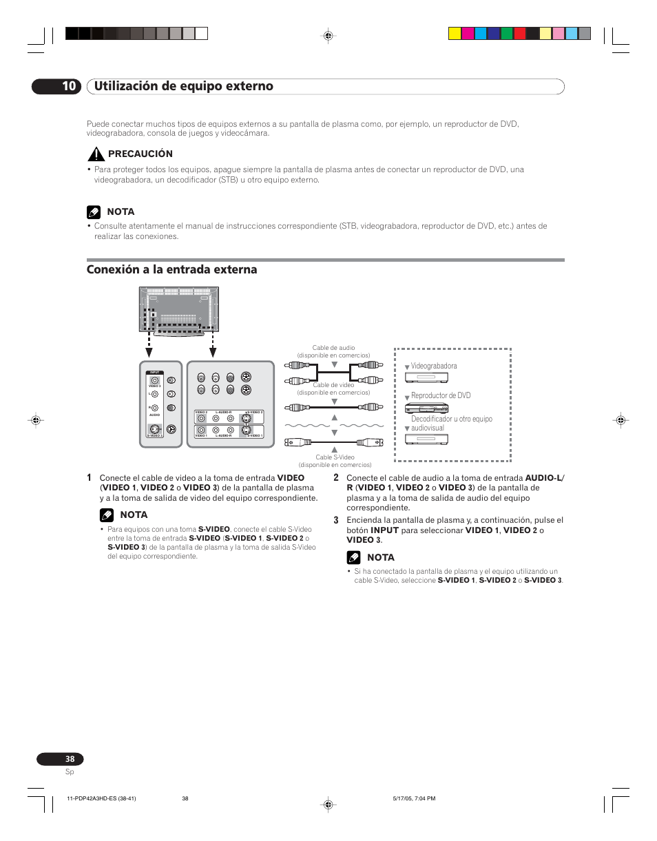 10 utilización de equipo externo, Conexión a la entrada externa | Pioneer PureVision PDP 42A3HD User Manual | Page 126 / 134