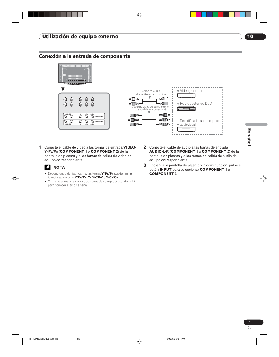 Conexión a la entrada de componente, 10 utilización de equipo externo, Español | Nota | Pioneer PureVision PDP 42A3HD User Manual | Page 127 / 134