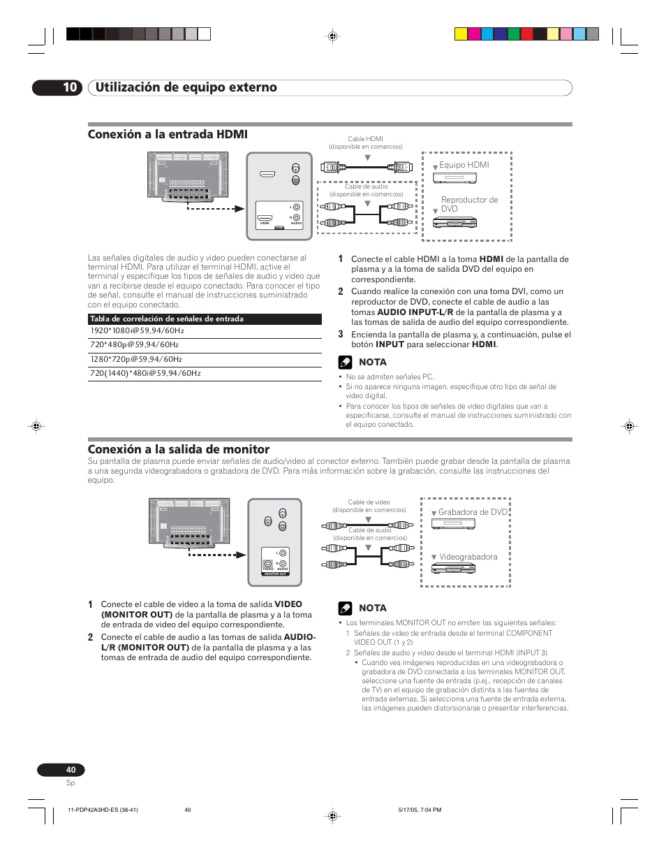 10 utilización de equipo externo, Conexión a la entrada hdmi, Conexión a la salida de monitor | Pioneer PureVision PDP 42A3HD User Manual | Page 128 / 134