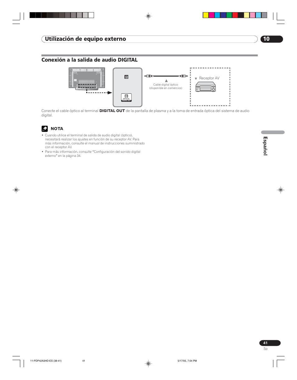 Conexión a la salida de audio digital, 10 utilización de equipo externo, Español | Pioneer PureVision PDP 42A3HD User Manual | Page 129 / 134