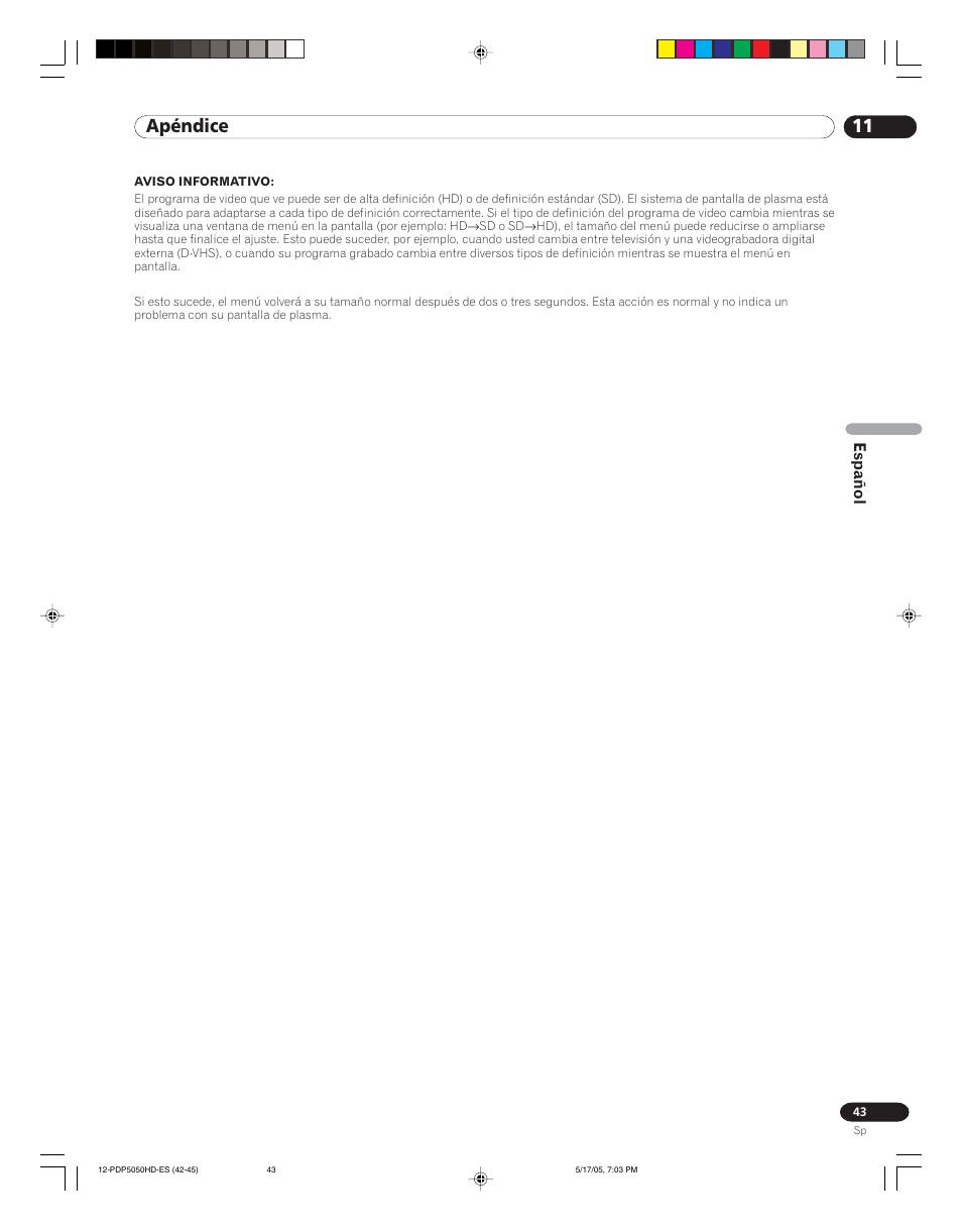 11 apéndice, Español | Pioneer PureVision PDP 42A3HD User Manual | Page 131 / 134