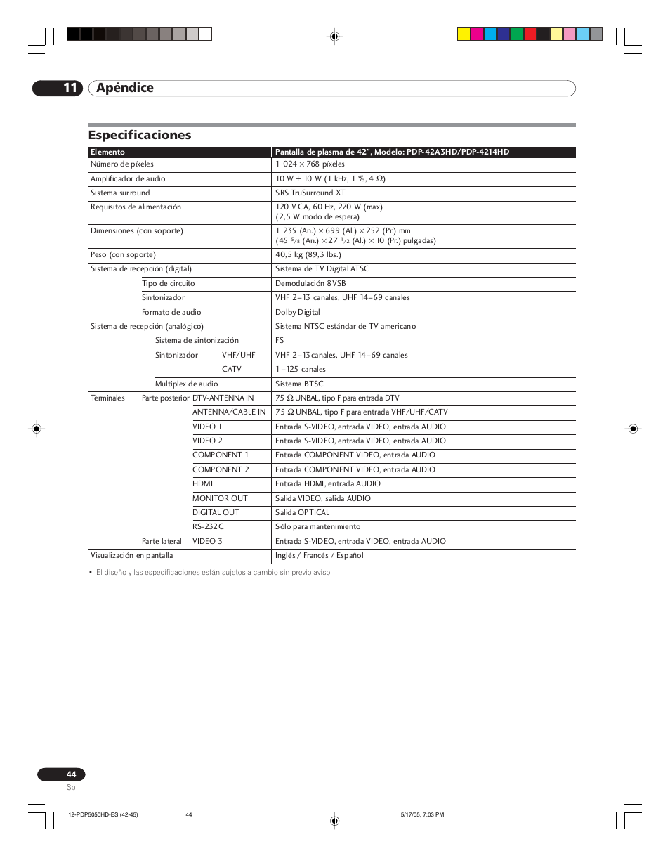 Especificaciones, 11 apéndice | Pioneer PureVision PDP 42A3HD User Manual | Page 132 / 134