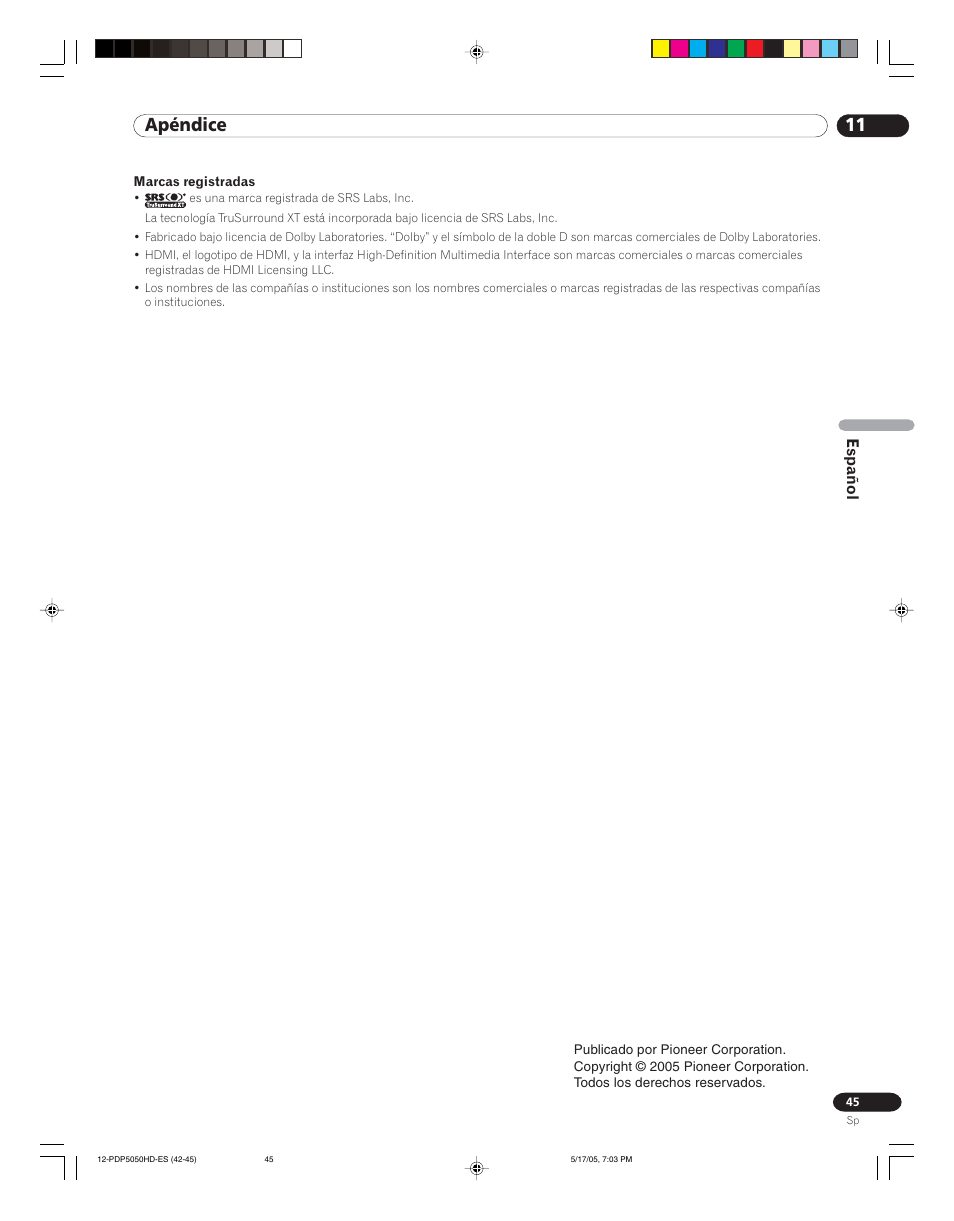 11 apéndice, Español | Pioneer PureVision PDP 42A3HD User Manual | Page 133 / 134