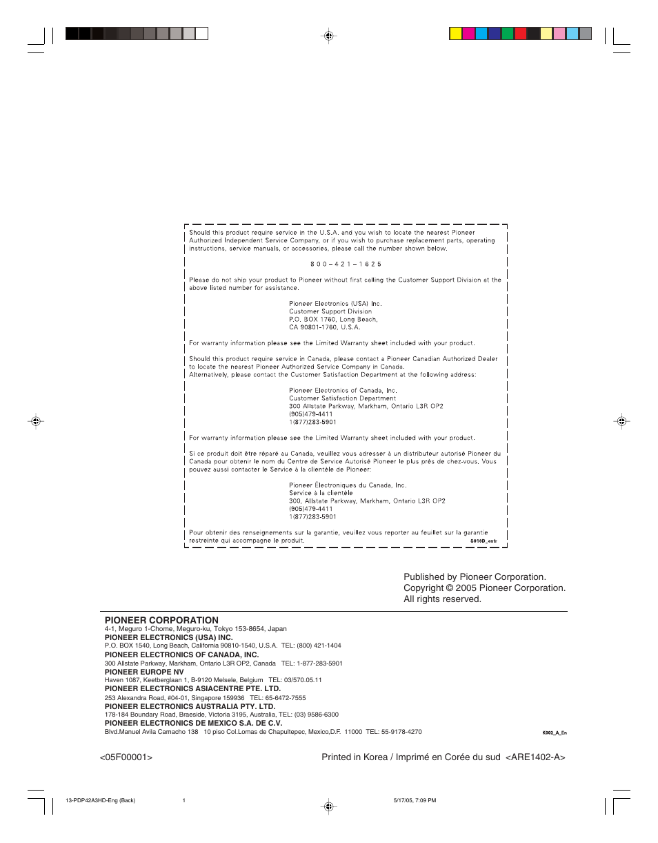 Pioneer PureVision PDP 42A3HD User Manual | Page 134 / 134