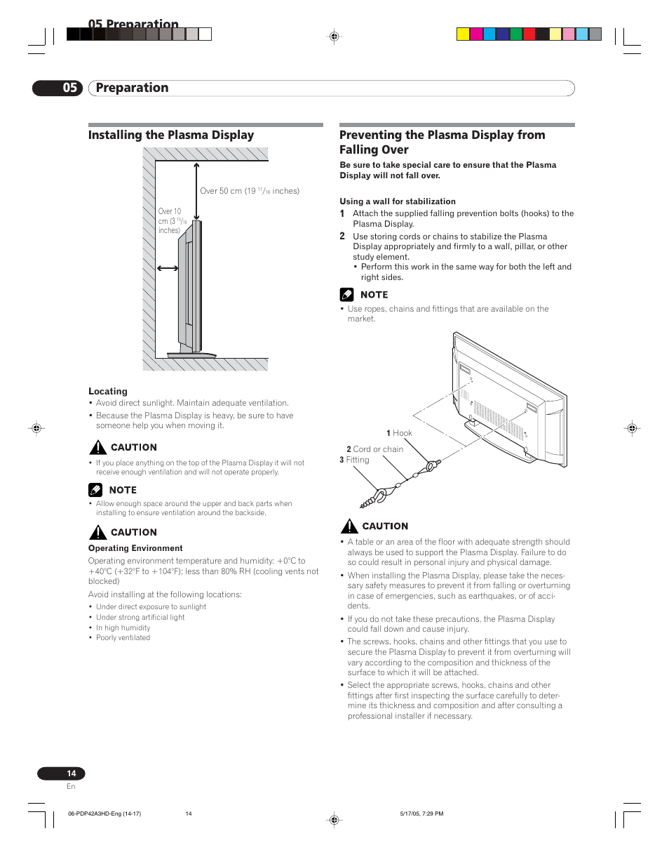 05 preparation, Installing the plasma display, Preventing the plasma display from falling over | Pioneer PureVision PDP 42A3HD User Manual | Page 14 / 134