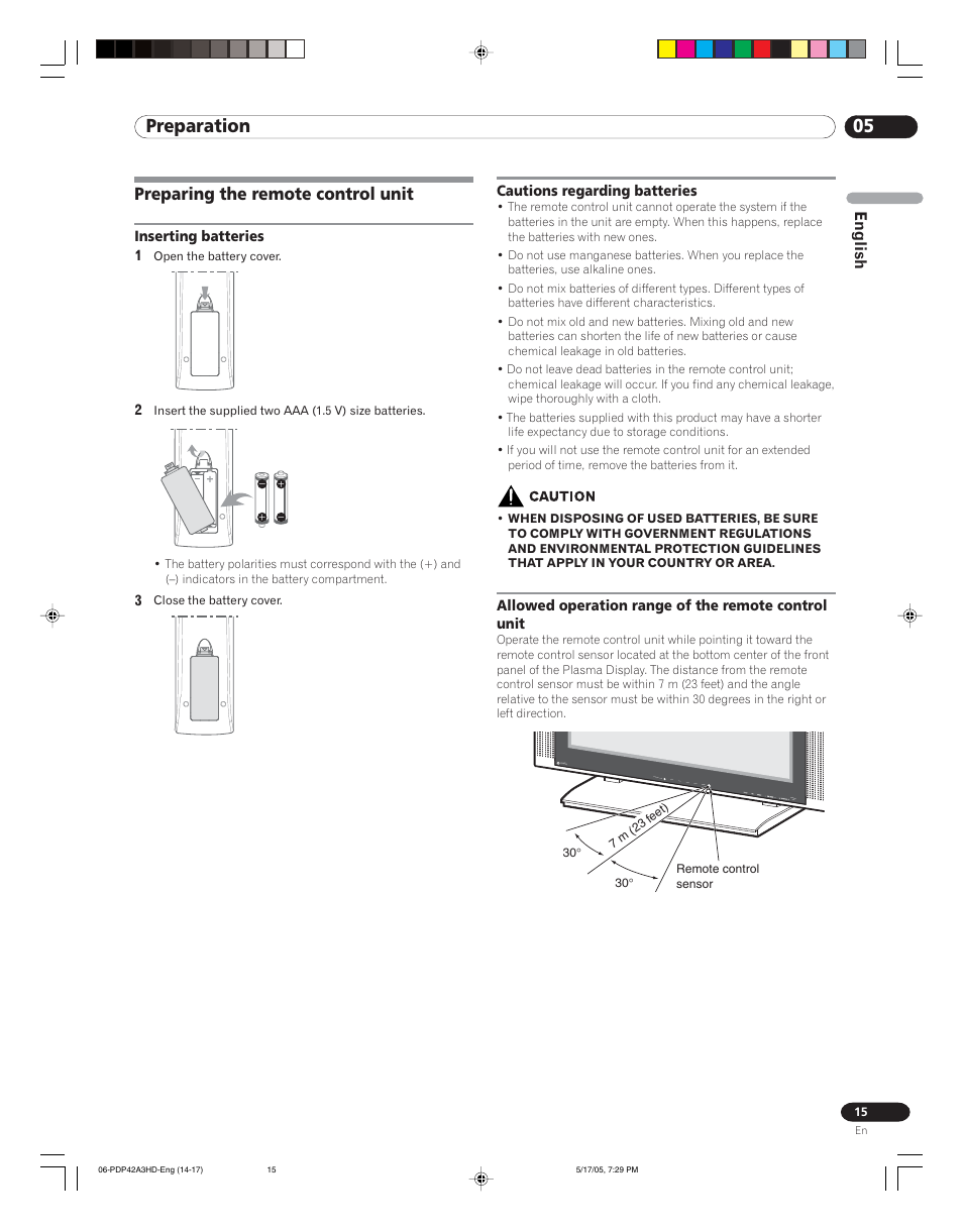 Preparing the remote control unit, The remote control unit, 05 preparation | Pioneer PureVision PDP 42A3HD User Manual | Page 15 / 134