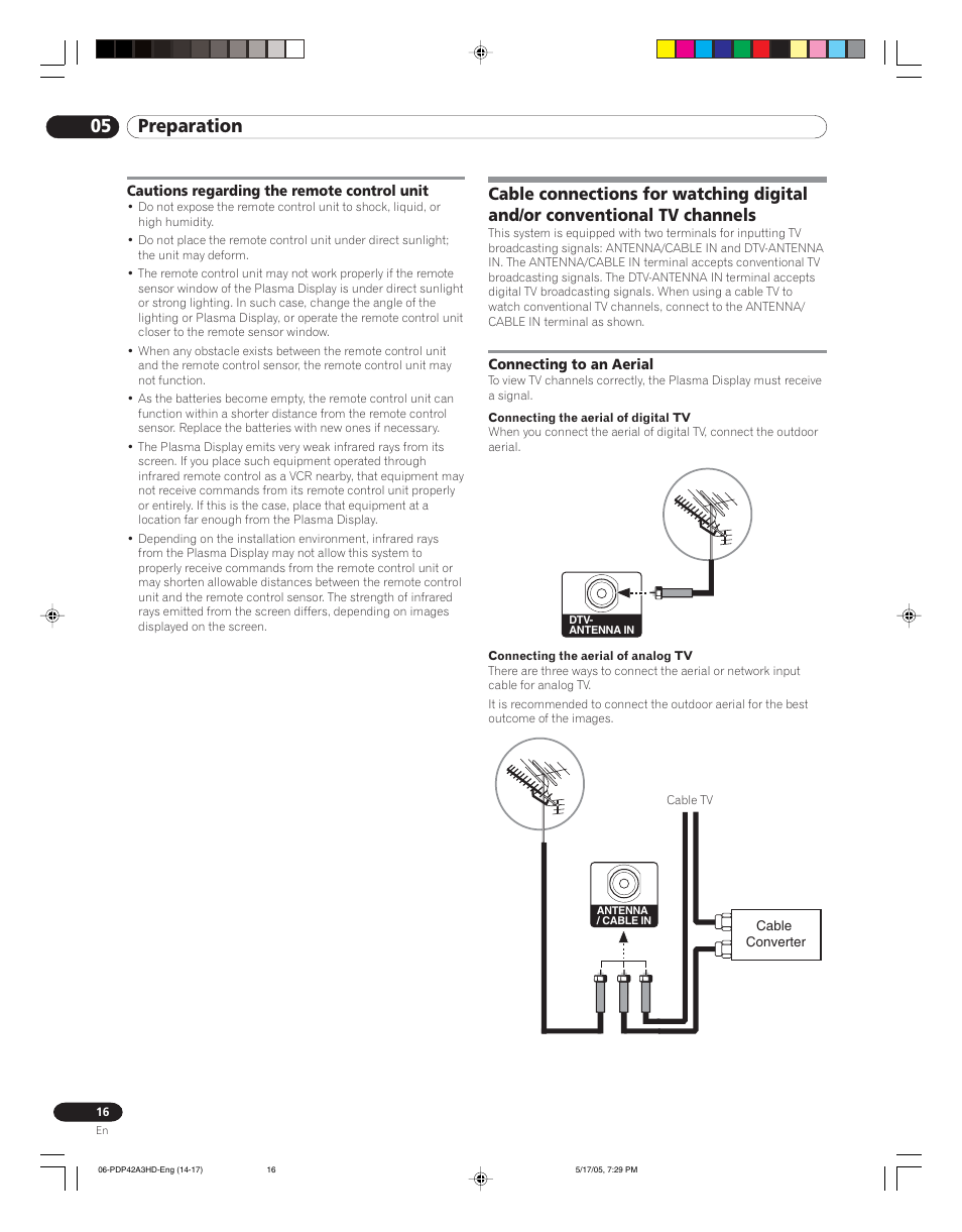 Cautions regarding the remote control unit, Tv channels, Connecting to an aerial | 05 preparation | Pioneer PureVision PDP 42A3HD User Manual | Page 16 / 134