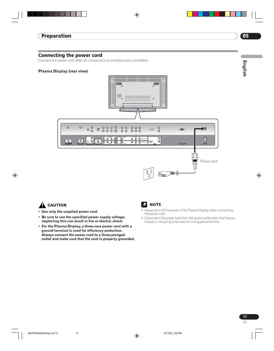 Connecting the power cord, 05 preparation, English | Plasma display (rear view), Power cord | Pioneer PureVision PDP 42A3HD User Manual | Page 17 / 134