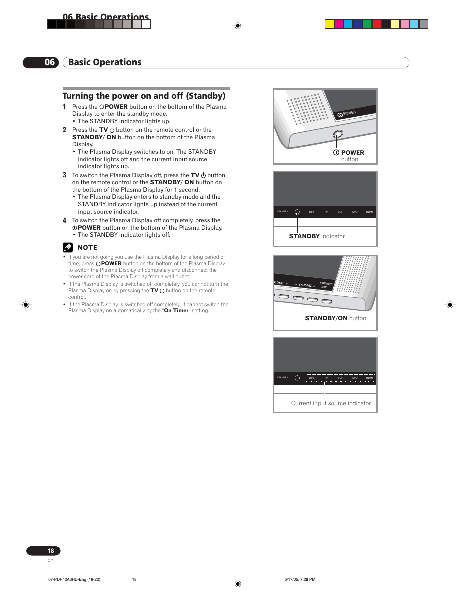 06 basic operations, Turning the power on and off (standby) | Pioneer PureVision PDP 42A3HD User Manual | Page 18 / 134