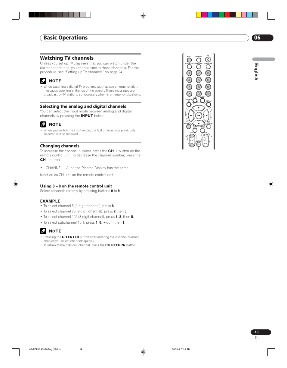 Watching tv channels, 06 basic operations, English | Selecting the analog and digital channels, Changing channels, Using 0 – 9 on the remote control unit, Example | Pioneer PureVision PDP 42A3HD User Manual | Page 19 / 134