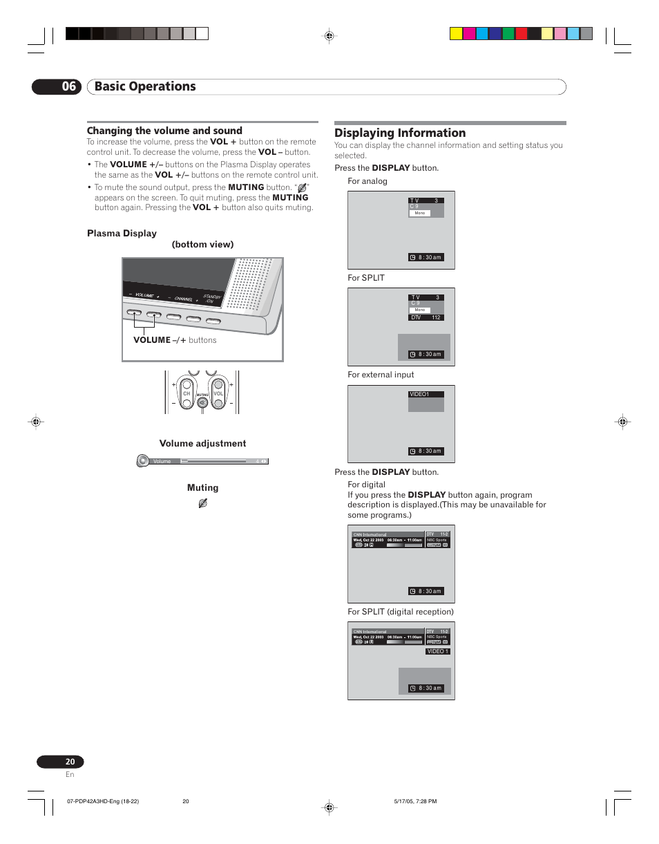 Changing the volume and sound, Displaying information, 06 basic operations | Plasma display (bottom view), Volume adjustment, Muting | Pioneer PureVision PDP 42A3HD User Manual | Page 20 / 134