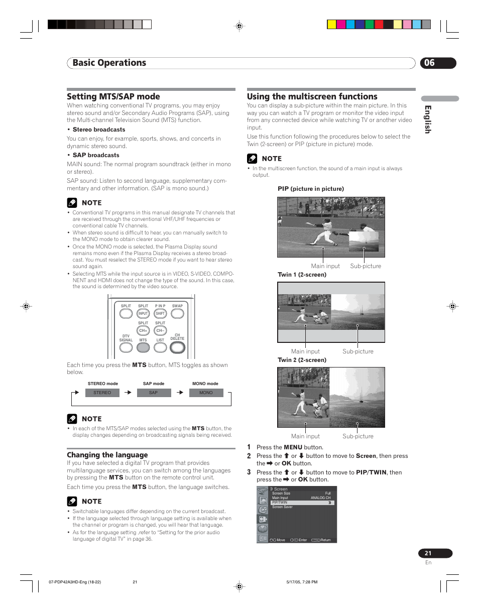 Setting mts/sap mode, Changing the language, Using the multiscreen functions | 06 basic operations, English | Pioneer PureVision PDP 42A3HD User Manual | Page 21 / 134