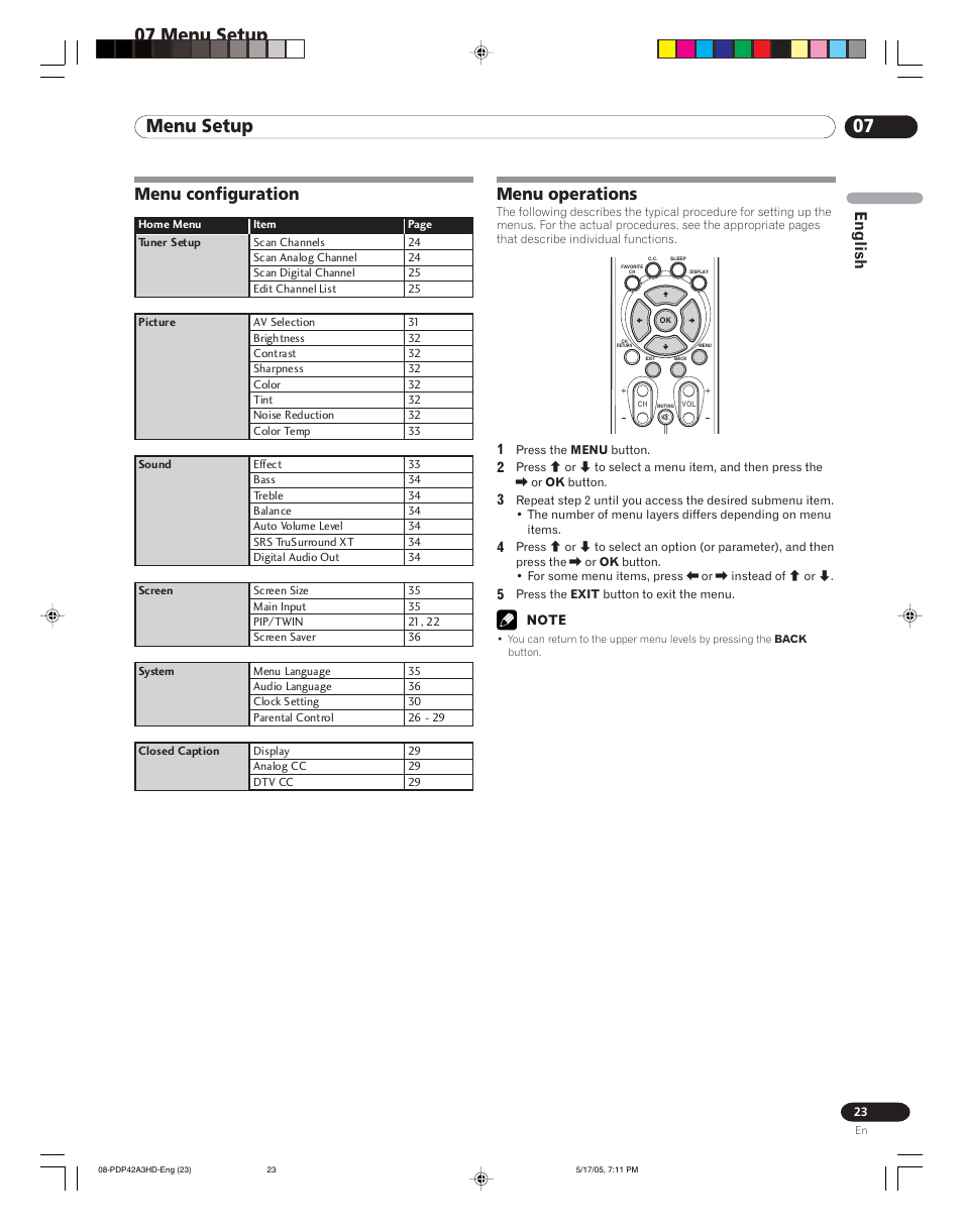 07 menu setup, Menu configuration menu operations, Menu configuration | Menu operations, English | Pioneer PureVision PDP 42A3HD User Manual | Page 23 / 134