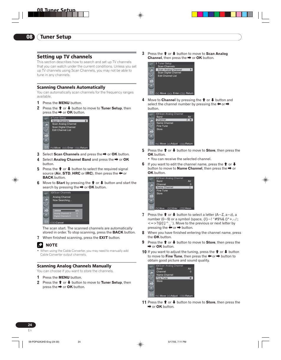 08 tuner setup, Setting up tv channels | Pioneer PureVision PDP 42A3HD User Manual | Page 24 / 134