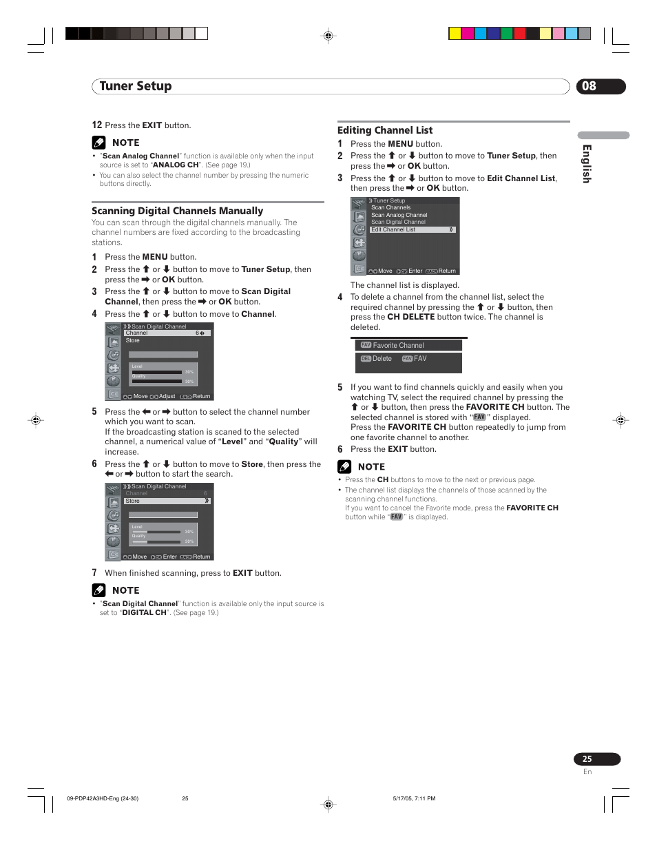 08 tuner setup, English, Editing channel list 1 | Scanning digital channels manually | Pioneer PureVision PDP 42A3HD User Manual | Page 25 / 134