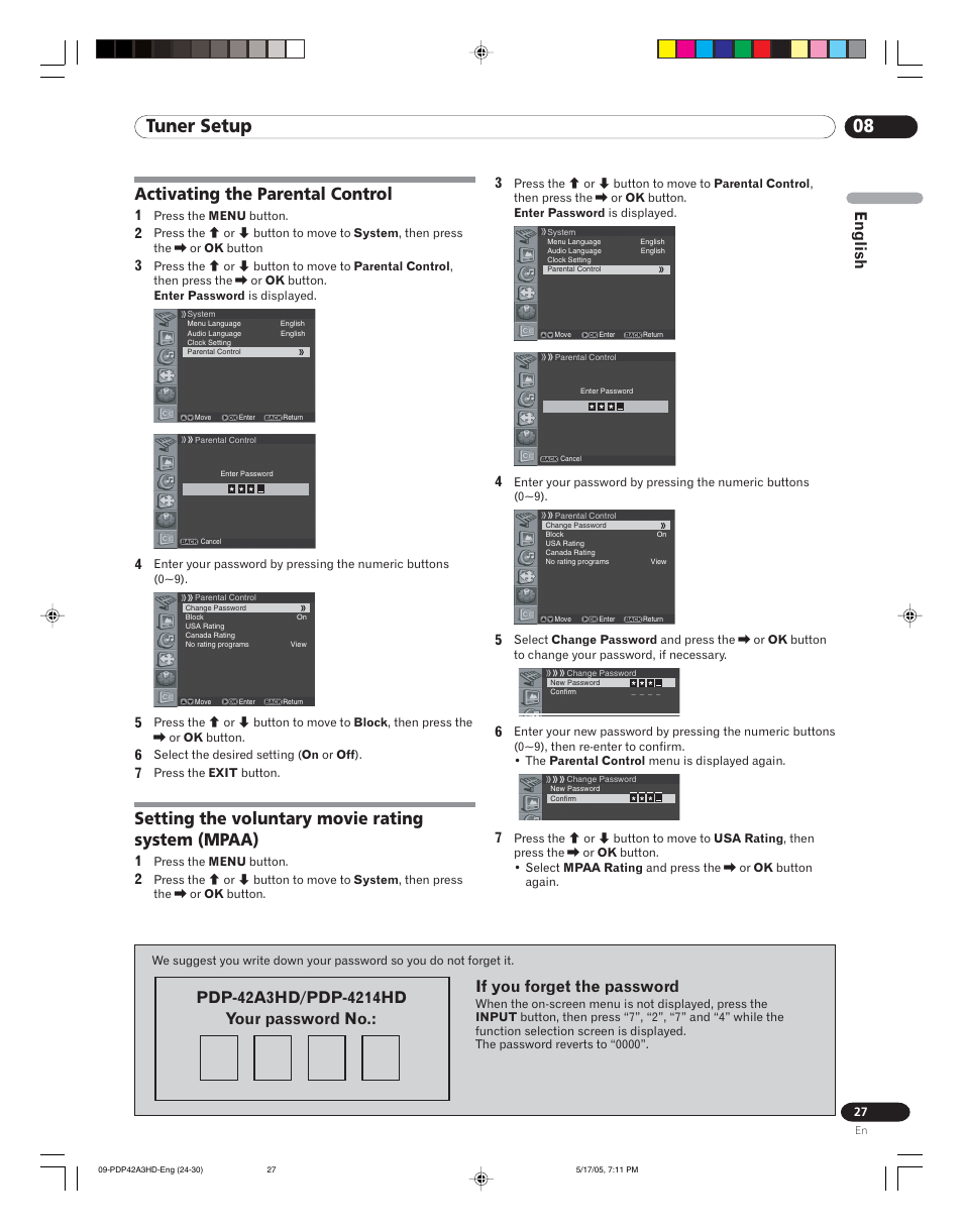 Activating the parental control, Setting the voluntary movie rating, System (mpaa) | 08 tuner setup, Setting the voluntary movie rating system (mpaa), English | Pioneer PureVision PDP 42A3HD User Manual | Page 27 / 134