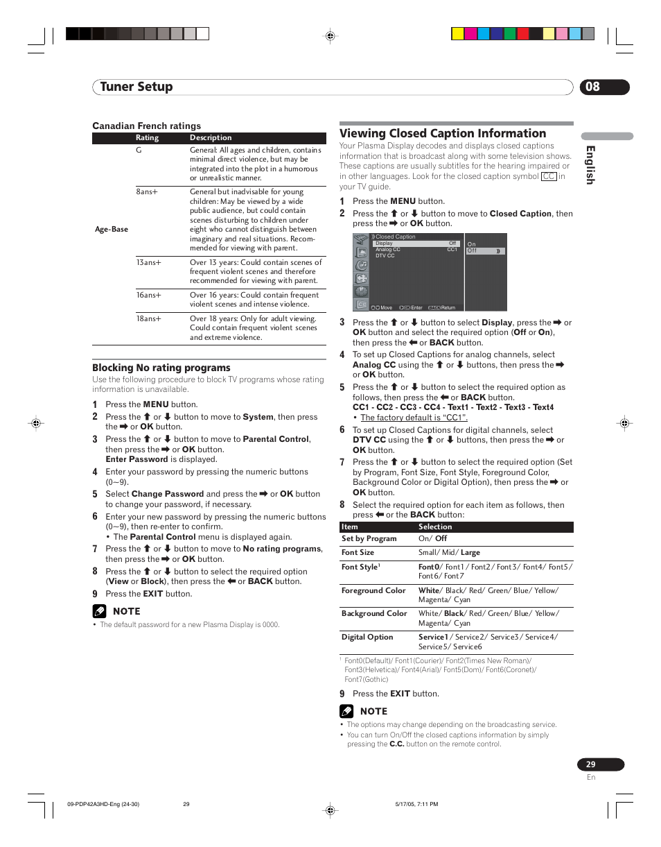 Blocking no rating programs, Viewing closed caption information, 08 tuner setup | English | Pioneer PureVision PDP 42A3HD User Manual | Page 29 / 134