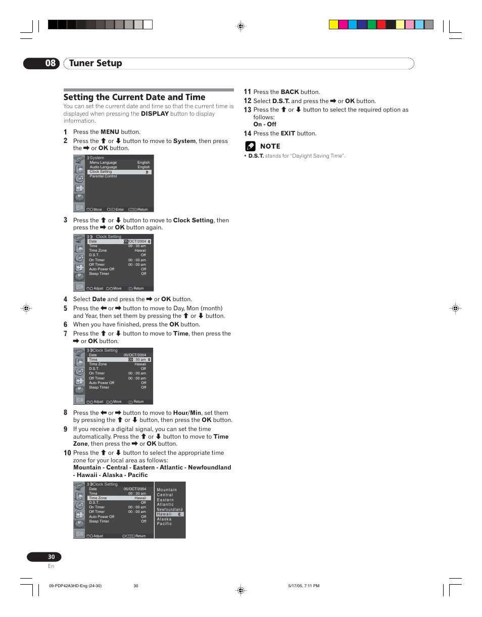 Setting the current date and time, 08 tuner setup | Pioneer PureVision PDP 42A3HD User Manual | Page 30 / 134