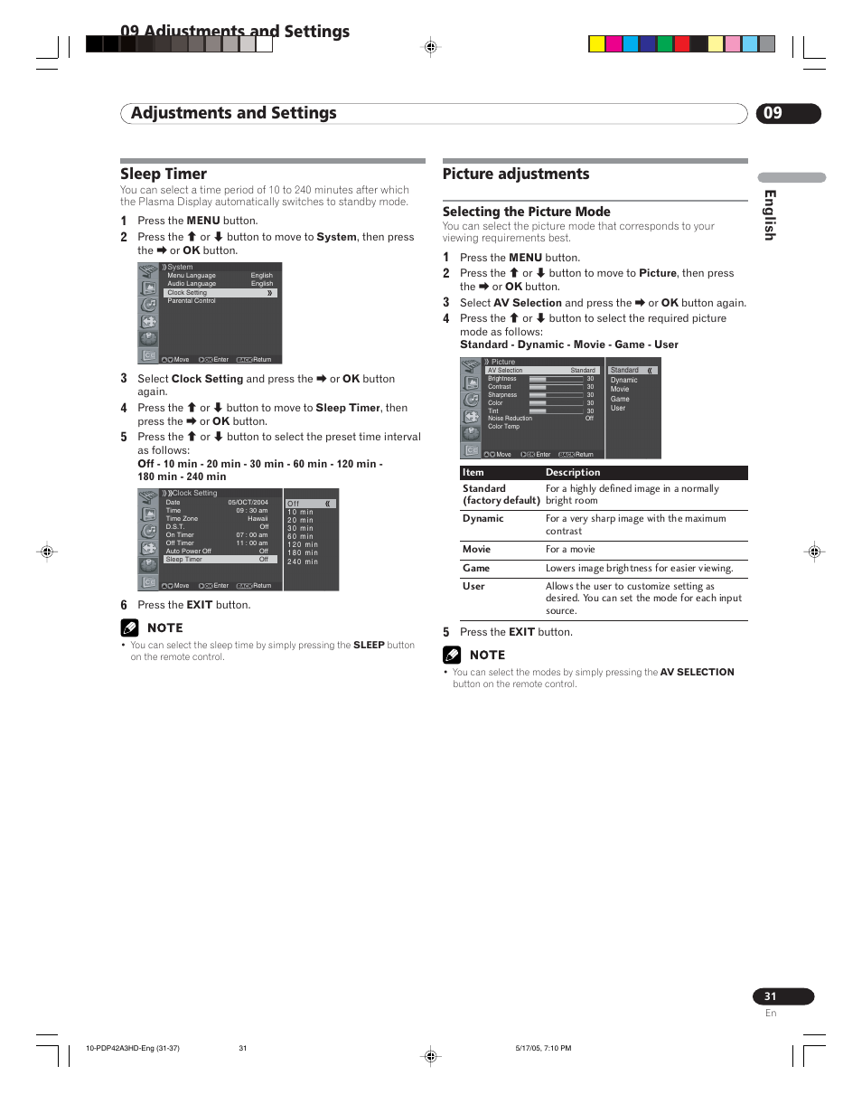 09 adjustments and settings, Sleep timer picture adjustments, Selecting the picture mode | Picture adjustments, Sleep timer, English | Pioneer PureVision PDP 42A3HD User Manual | Page 31 / 134