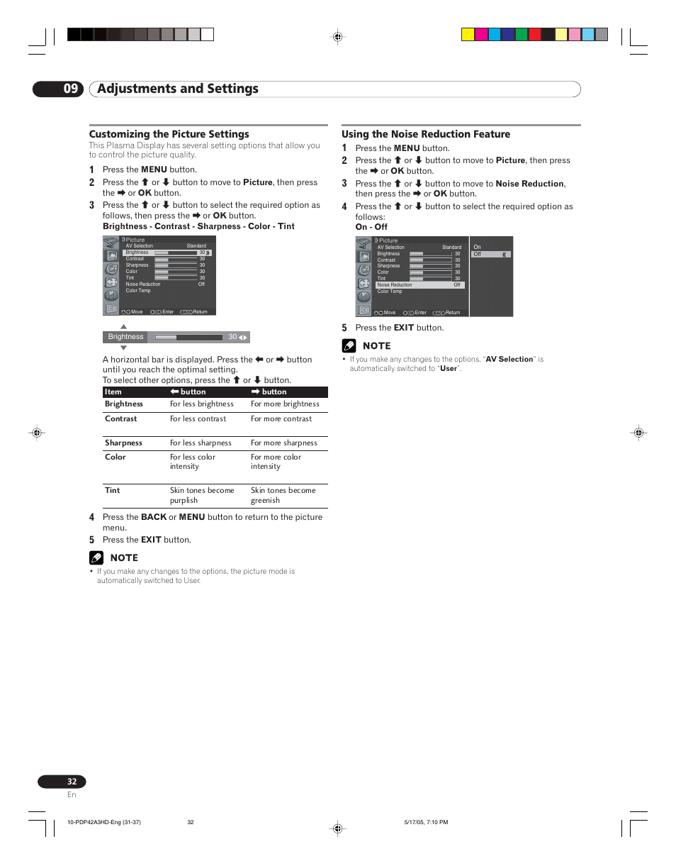 09 adjustments and settings | Pioneer PureVision PDP 42A3HD User Manual | Page 32 / 134