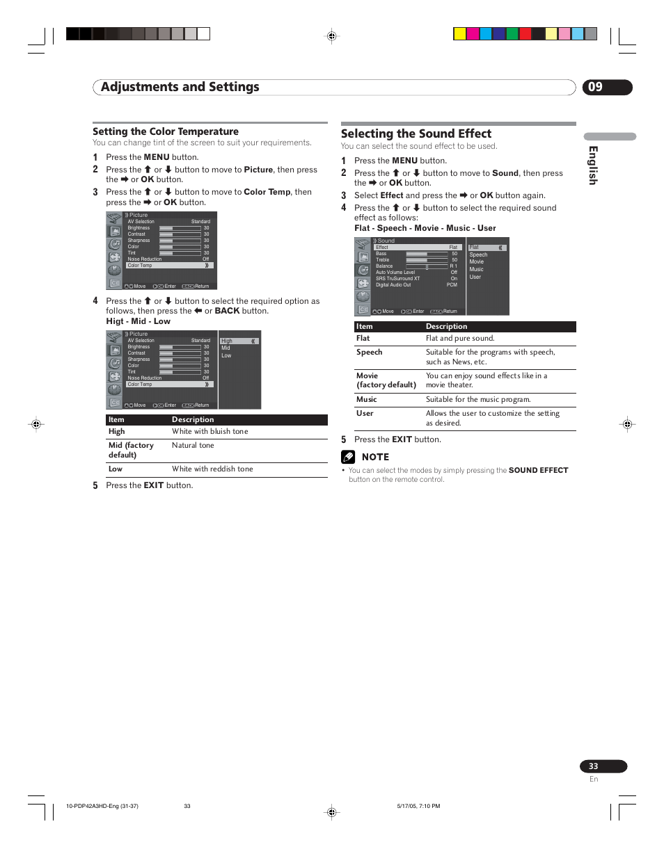 Setting the color temperature, Selecting the sound effect, 09 adjustments and settings | English | Pioneer PureVision PDP 42A3HD User Manual | Page 33 / 134