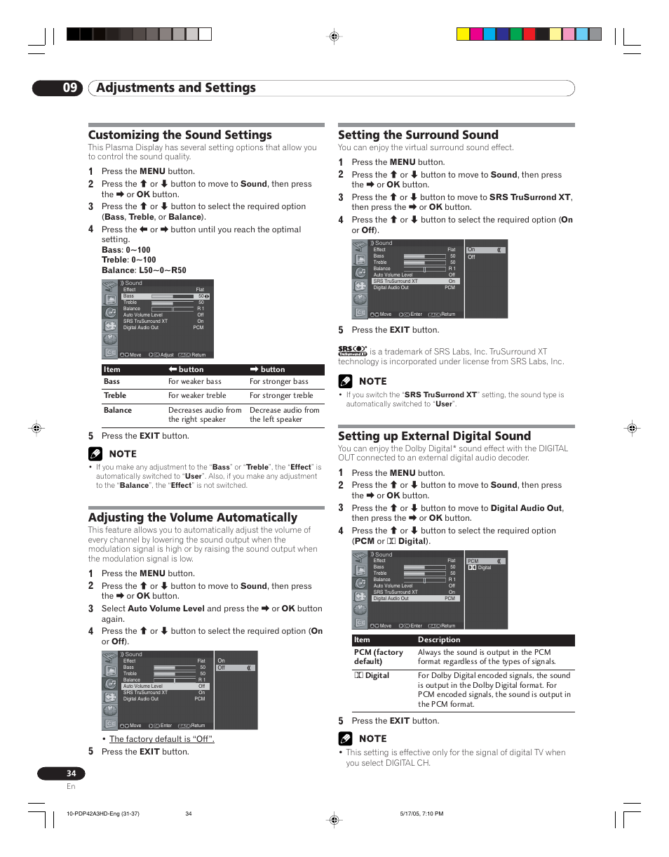 09 adjustments and settings, Customizing the sound settings, Adjusting the volume automatically | Setting the surround sound, Setting up external digital sound | Pioneer PureVision PDP 42A3HD User Manual | Page 34 / 134