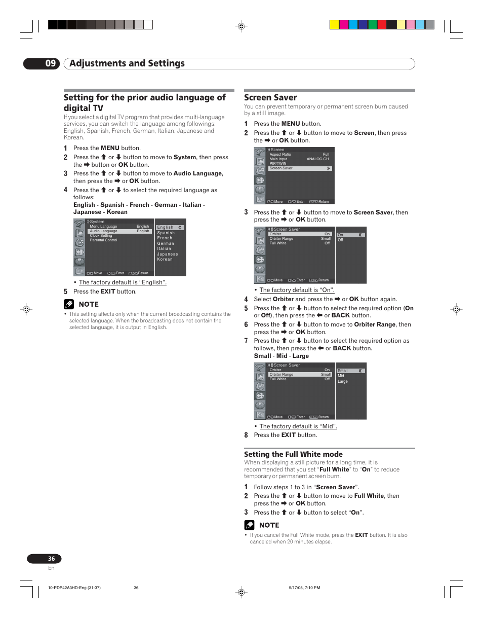 Setting the full white mode, 09 adjustments and settings, Setting for the prior audio language of digital tv | Screen saver | Pioneer PureVision PDP 42A3HD User Manual | Page 36 / 134