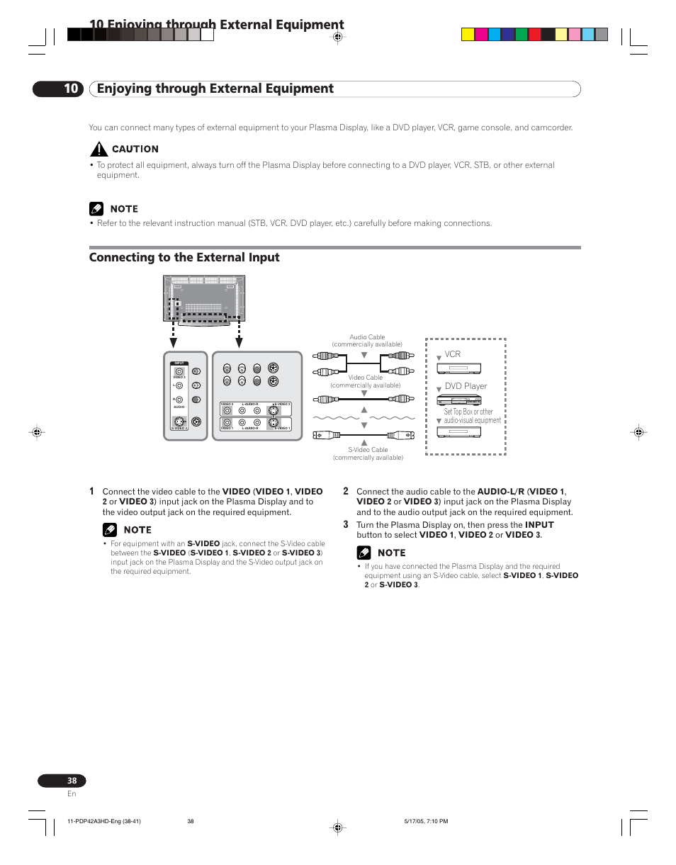 10 enjoying through external equipment, Connecting to the external input | Pioneer PureVision PDP 42A3HD User Manual | Page 38 / 134