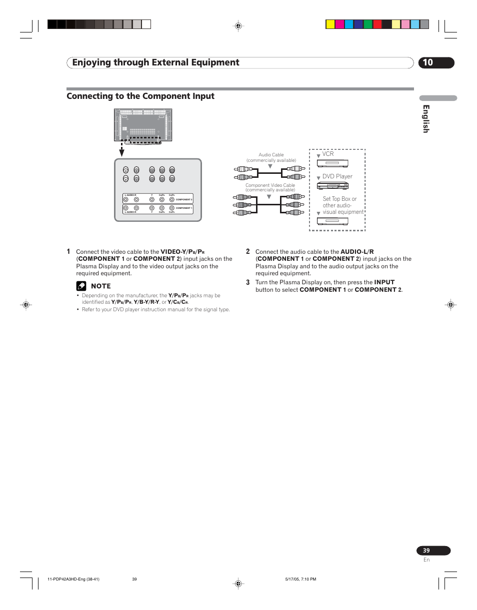 Connecting to the component input, 10 enjoying through external equipment, English | Connect the video cable to the video-y/p | Pioneer PureVision PDP 42A3HD User Manual | Page 39 / 134