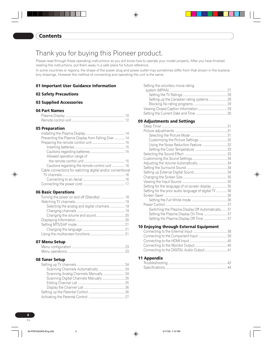 Pioneer PureVision PDP 42A3HD User Manual | Page 4 / 134