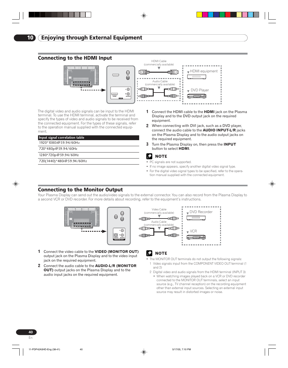 10 enjoying through external equipment, Connecting to the hdmi input, Connecting to the monitor output | Pioneer PureVision PDP 42A3HD User Manual | Page 40 / 134