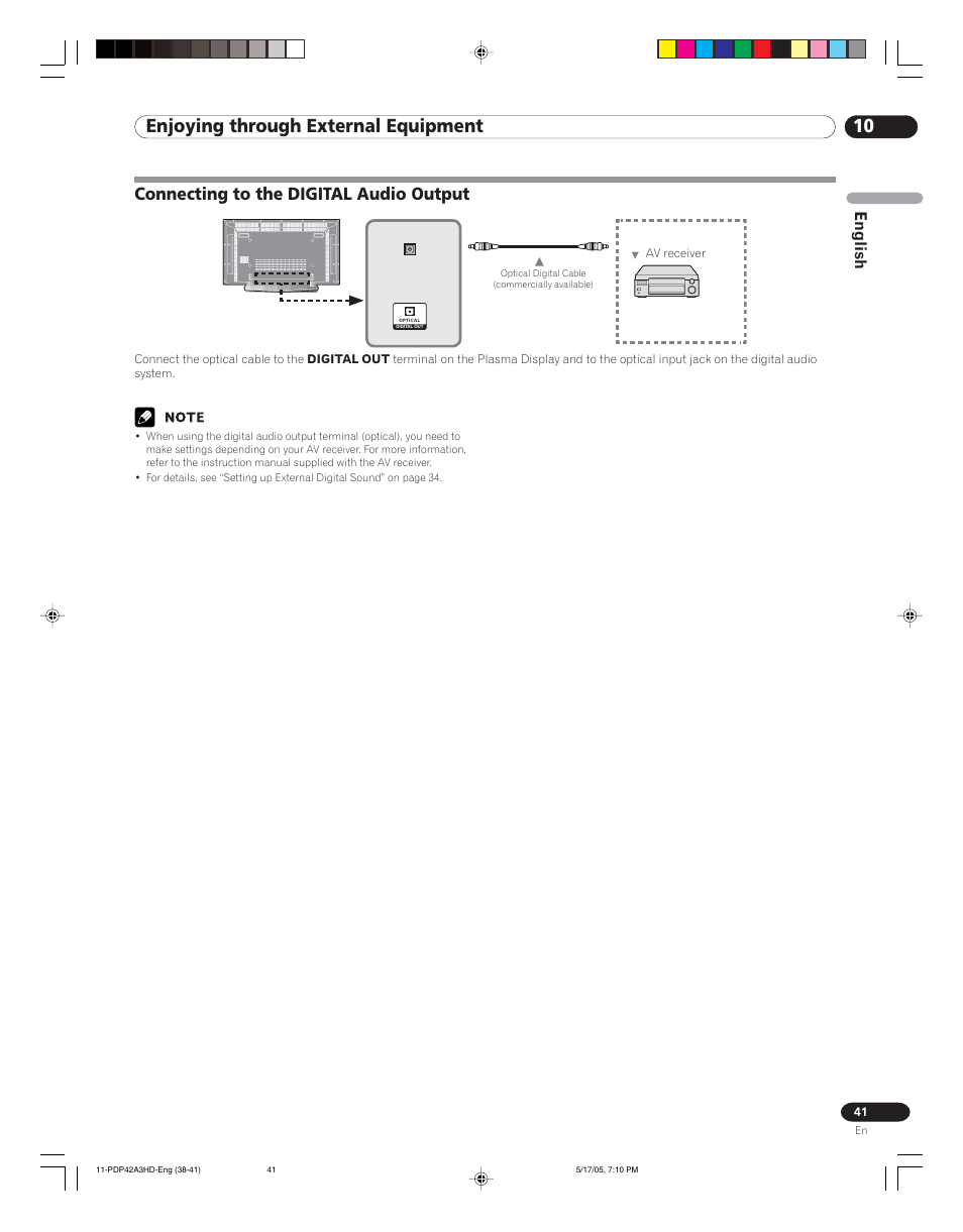 Connecting to the digital audio output, 10 enjoying through external equipment, English | Pioneer PureVision PDP 42A3HD User Manual | Page 41 / 134