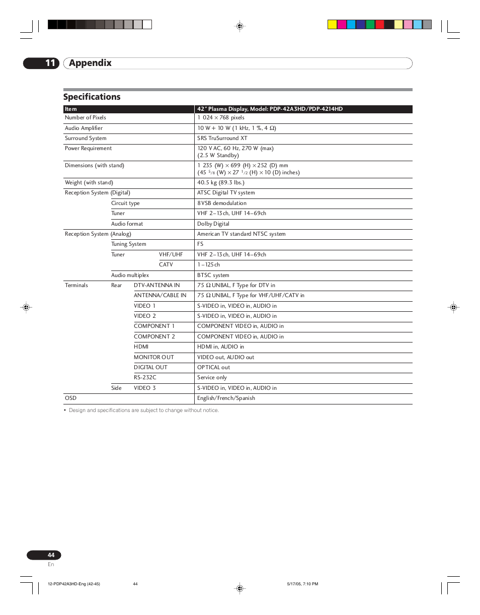 Specifications, 11 appendix | Pioneer PureVision PDP 42A3HD User Manual | Page 44 / 134