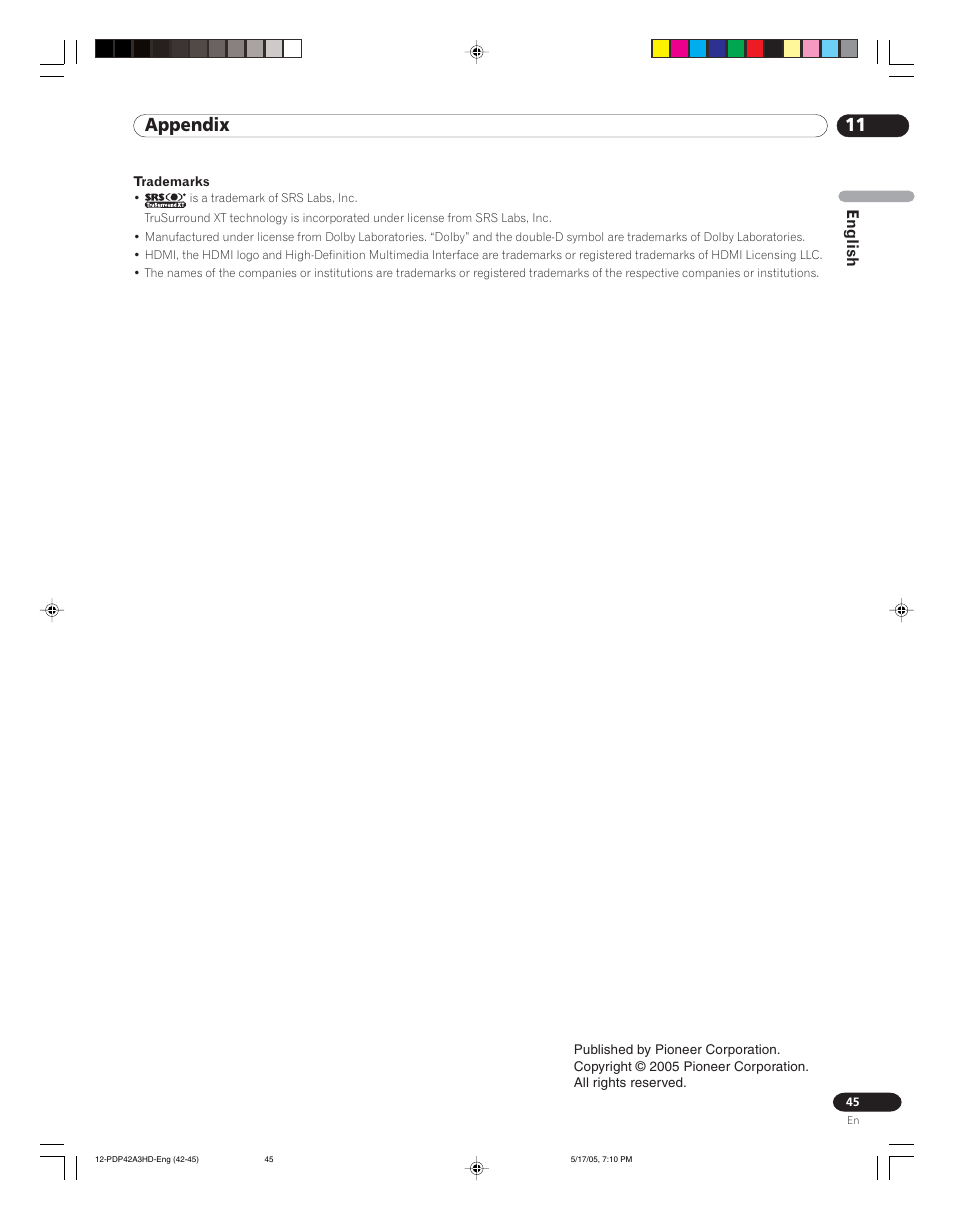 11 appendix, English | Pioneer PureVision PDP 42A3HD User Manual | Page 45 / 134