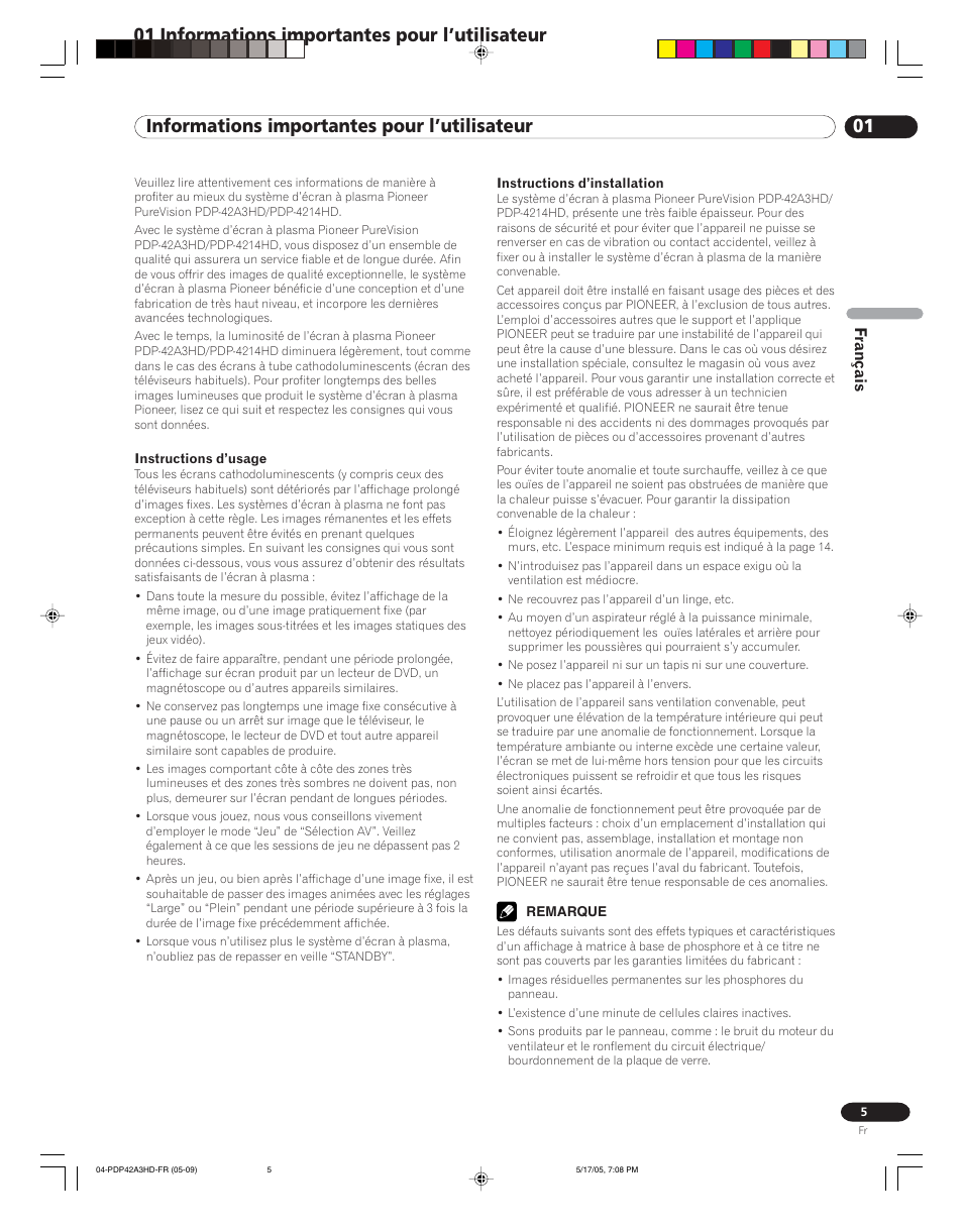 01 informations importantes pour l’utilisateur, Français | Pioneer PureVision PDP 42A3HD User Manual | Page 49 / 134