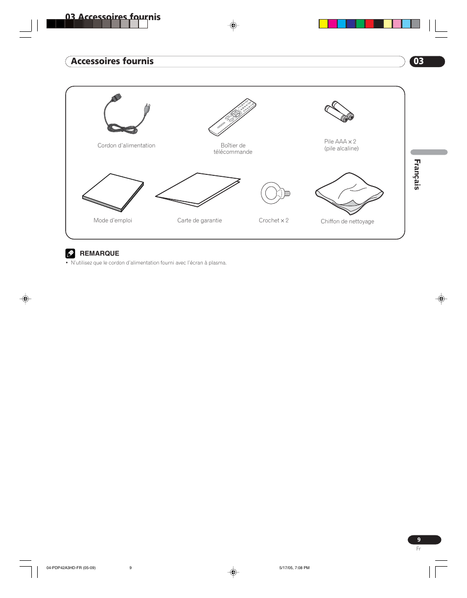 03 accessoires fournis, Français | Pioneer PureVision PDP 42A3HD User Manual | Page 53 / 134