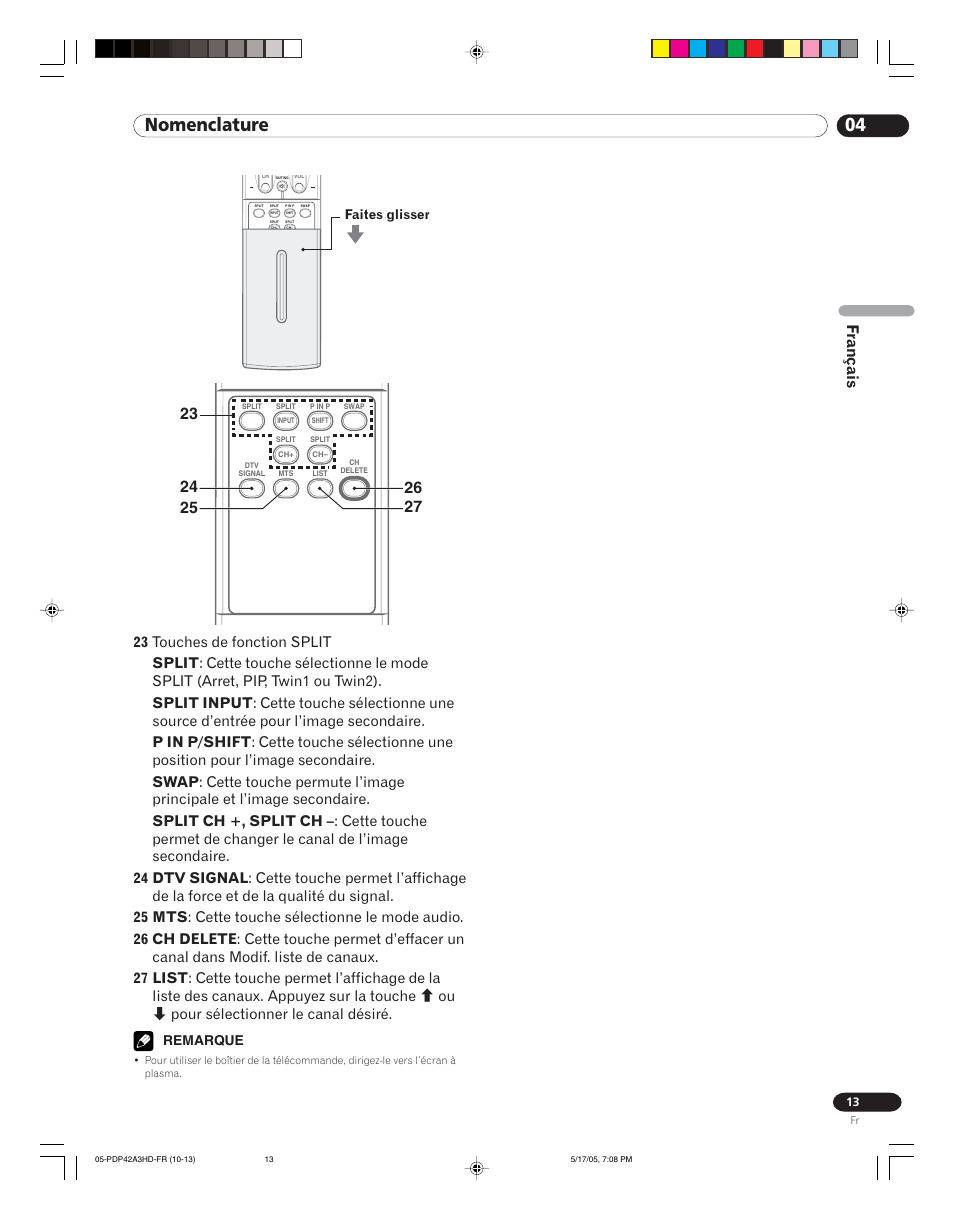 04 nomenclature, Français, Remarque | Faites glisser | Pioneer PureVision PDP 42A3HD User Manual | Page 57 / 134