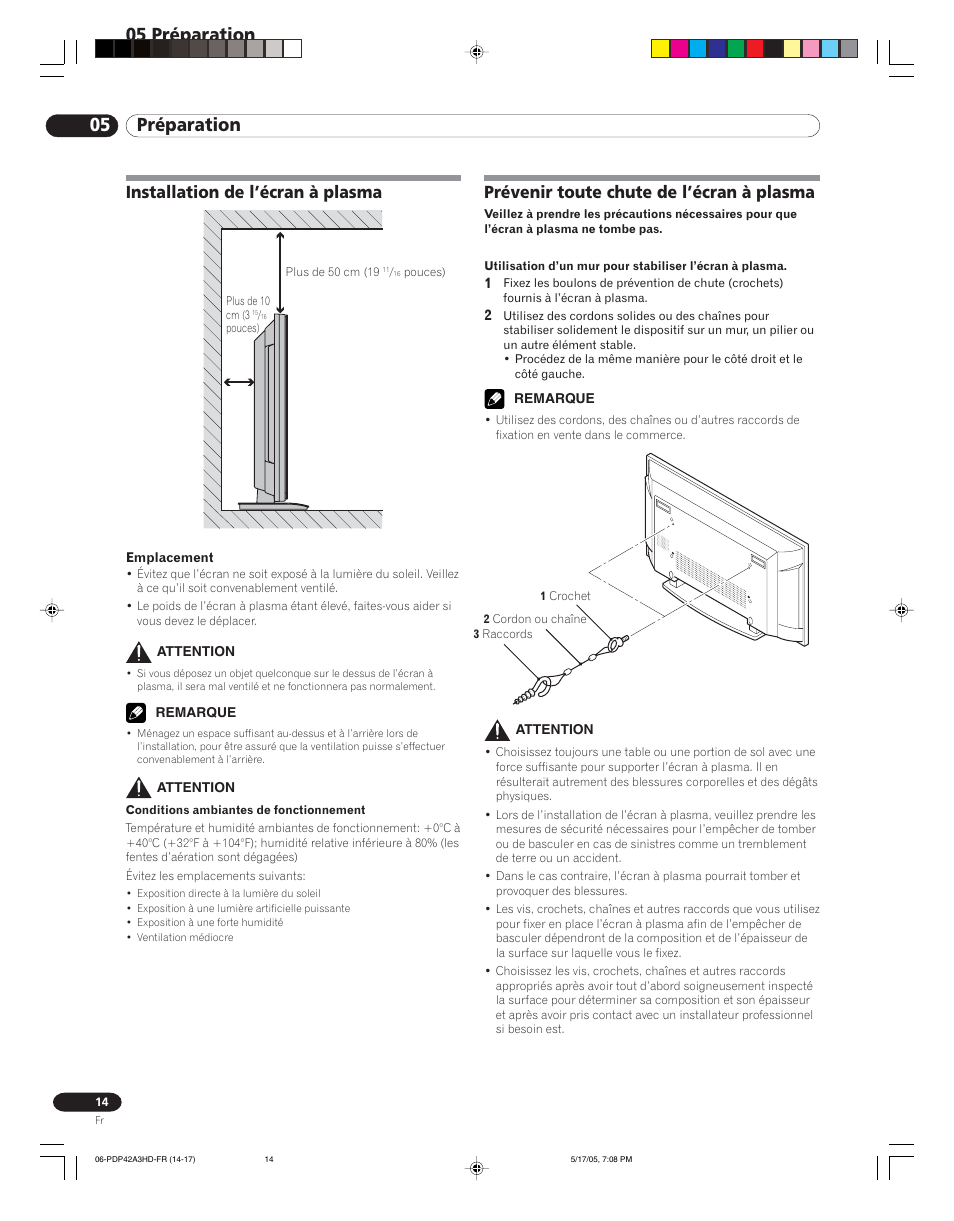 05 préparation, Installation de l’écran à plasma, Prévenir toute chute de l’écran à plasma | Pioneer PureVision PDP 42A3HD User Manual | Page 58 / 134