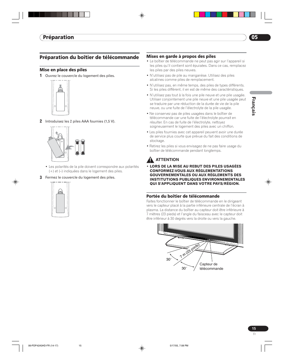 Préparation du boîtier de télécommande, 05 préparation | Pioneer PureVision PDP 42A3HD User Manual | Page 59 / 134