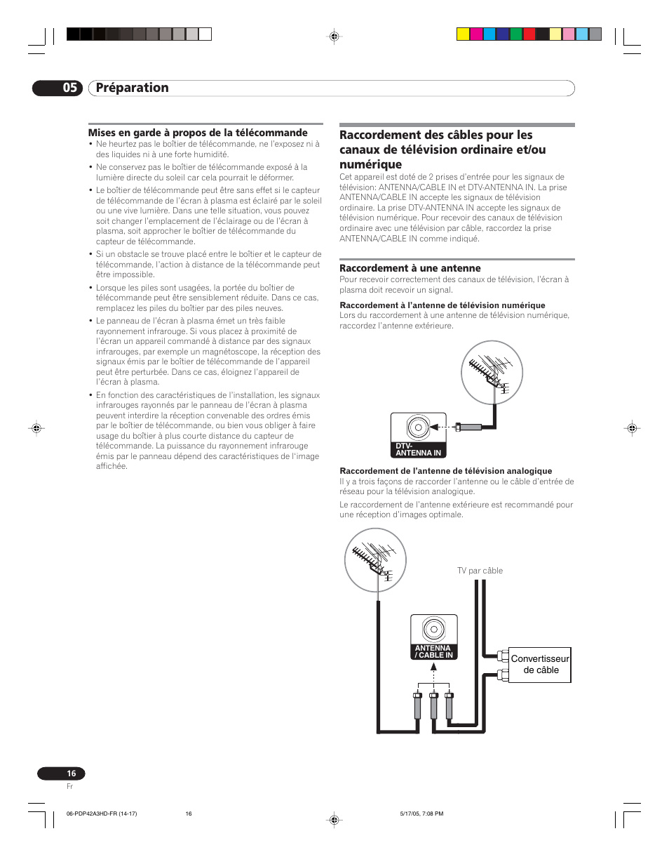 Mises en garde à propos de la télécommande, Ordinaire et/ou numérique, Raccordement à une antenne | 05 préparation | Pioneer PureVision PDP 42A3HD User Manual | Page 60 / 134