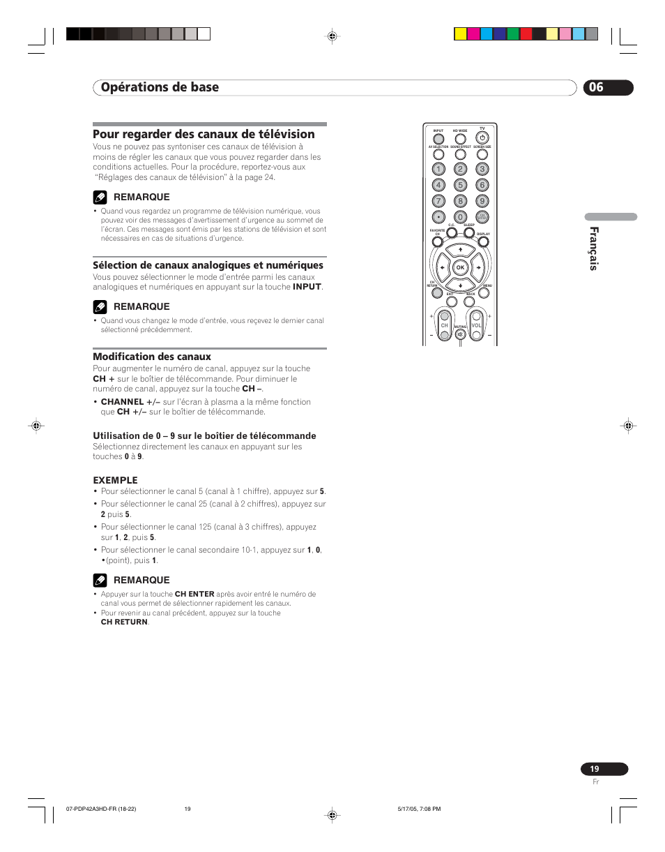 Pour regarder des canaux de télévision, 06 opérations de base, Français | Sélection de canaux analogiques et numériques, Modification des canaux | Pioneer PureVision PDP 42A3HD User Manual | Page 63 / 134