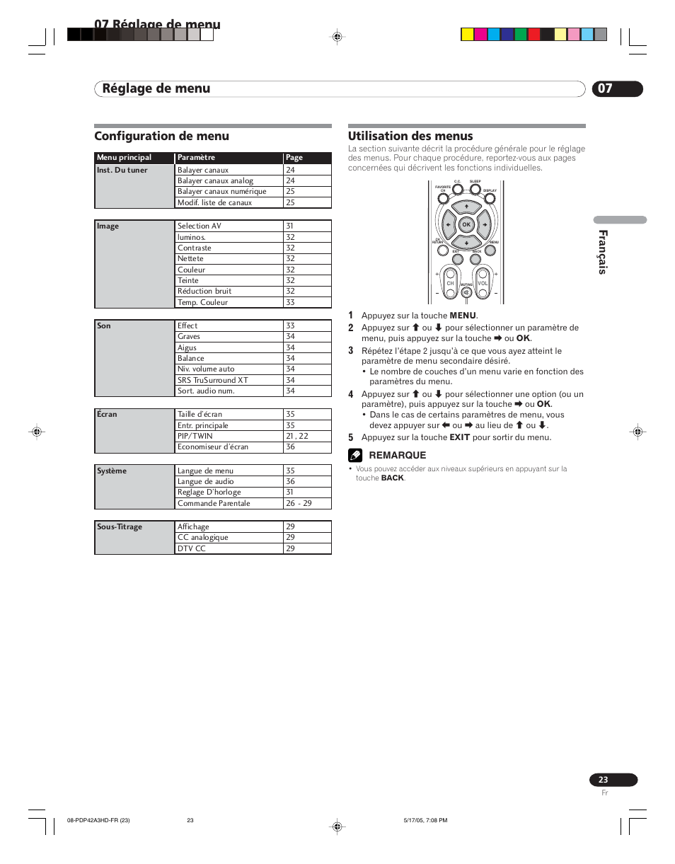 07 réglage de menu, Configuration de menu utilisation des menus, Configuration de menu | Utilisation des menus, Français | Pioneer PureVision PDP 42A3HD User Manual | Page 67 / 134