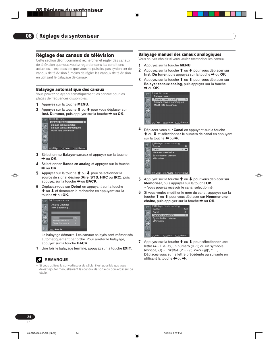 08 réglage du syntoniseur, Réglage des canaux de télévision | Pioneer PureVision PDP 42A3HD User Manual | Page 68 / 134