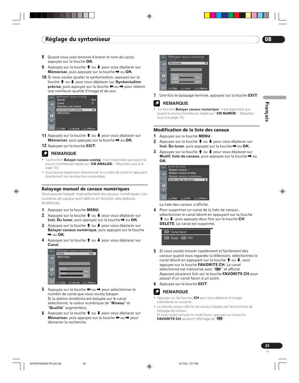 08 réglage du syntoniseur, Français | Pioneer PureVision PDP 42A3HD User Manual | Page 69 / 134