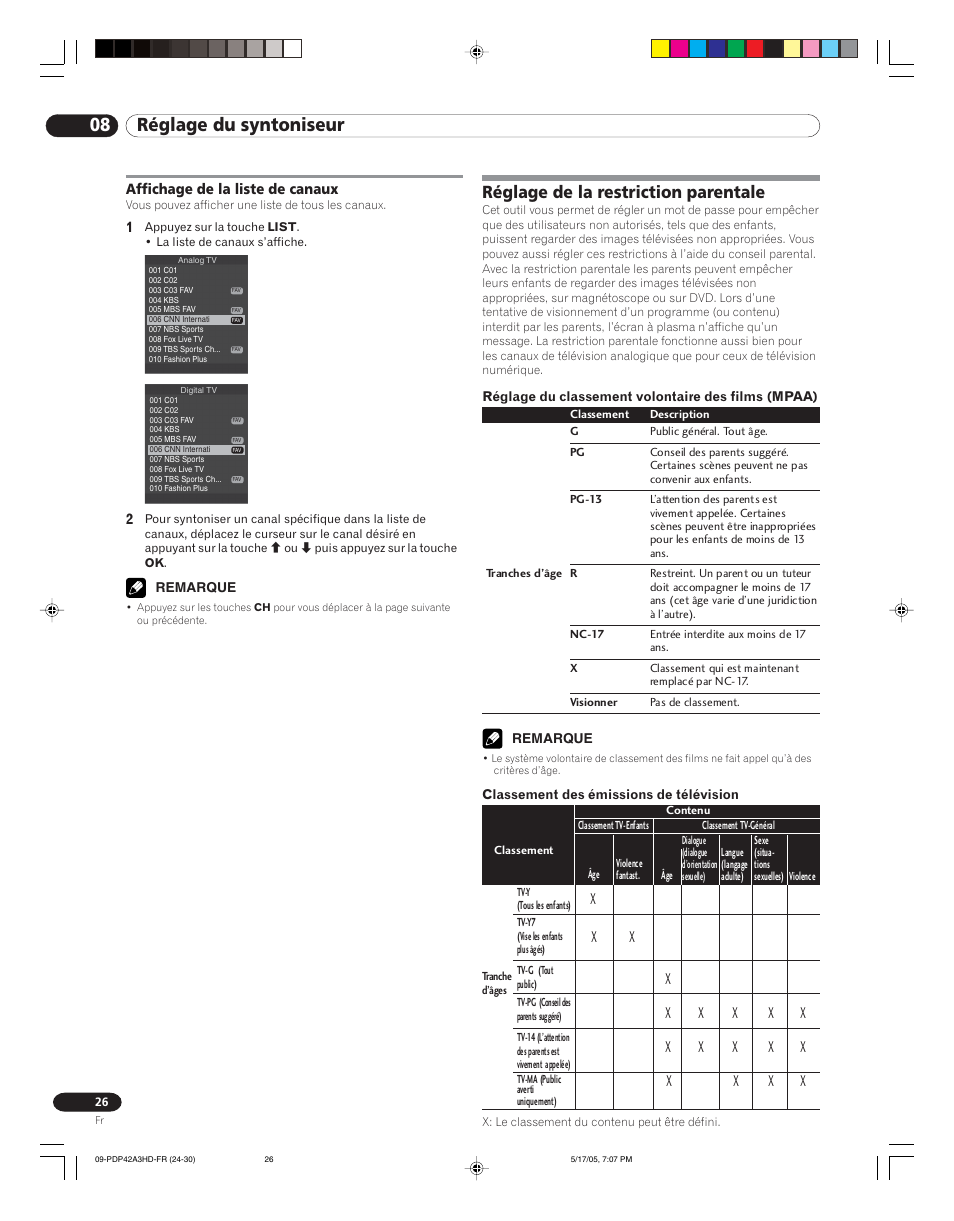 Affichage de la liste de canaux, Réglage de la restriction parentale, 08 réglage du syntoniseur | Pioneer PureVision PDP 42A3HD User Manual | Page 70 / 134