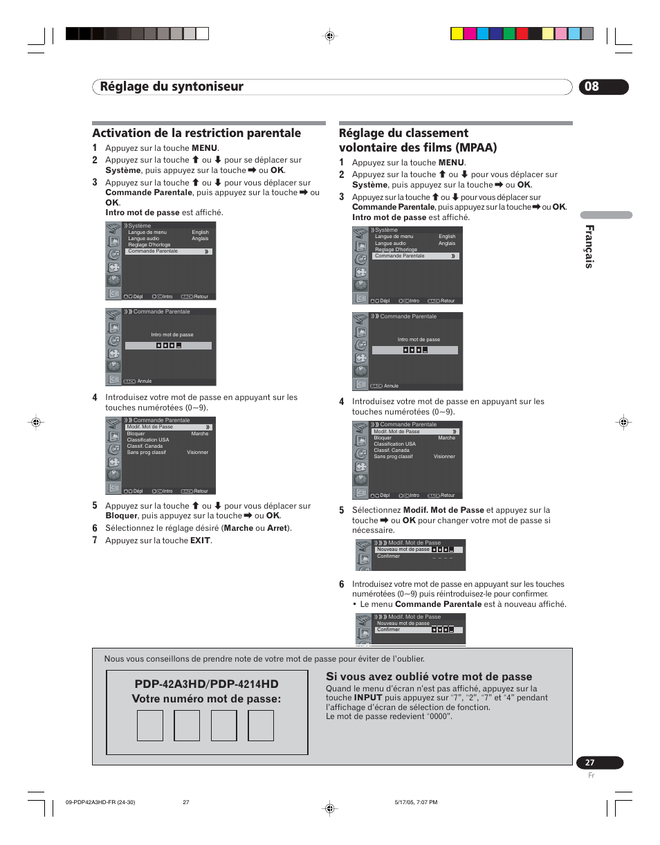 Volontaire des films (mpaa), 08 réglage du syntoniseur, Réglage du classement volontaire des films (mpaa) | Activation de la restriction parentale, Français | Pioneer PureVision PDP 42A3HD User Manual | Page 71 / 134