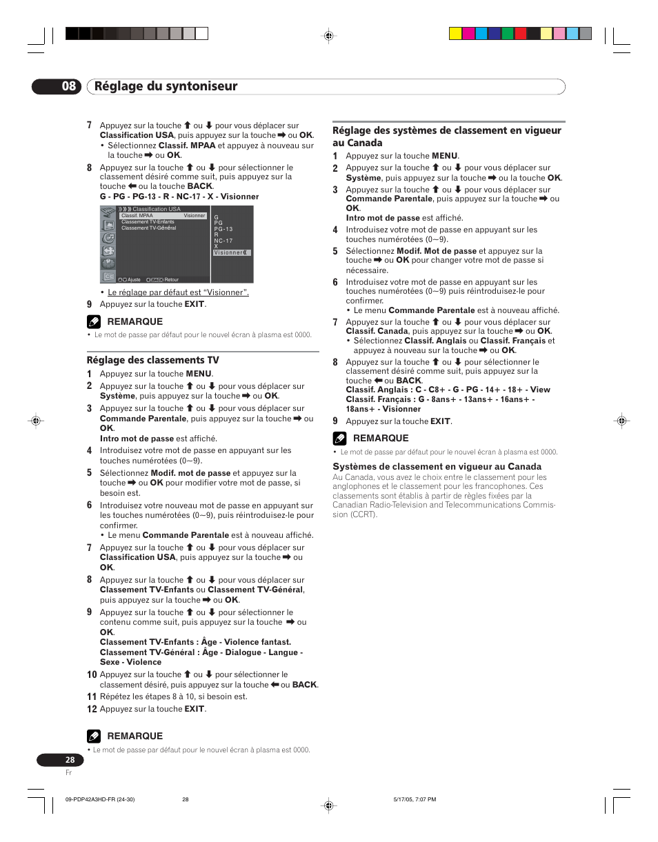 Canada, 08 réglage du syntoniseur | Pioneer PureVision PDP 42A3HD User Manual | Page 72 / 134